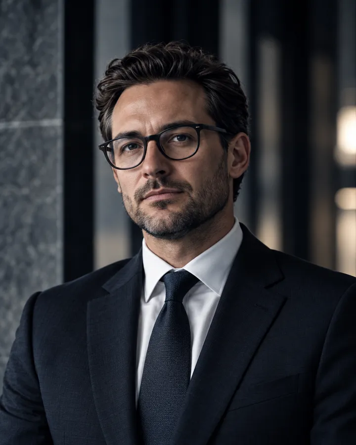 Porträt von Dr. Tobias Renner mit Brille, in dunklem Anzug mit Krawatte