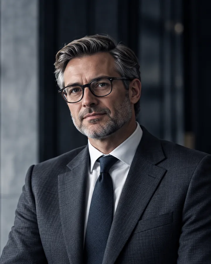 Porträt von Dr. Matthias Voss mit grauem Haar und Brille, in dunklem Anzug mit Krawatte