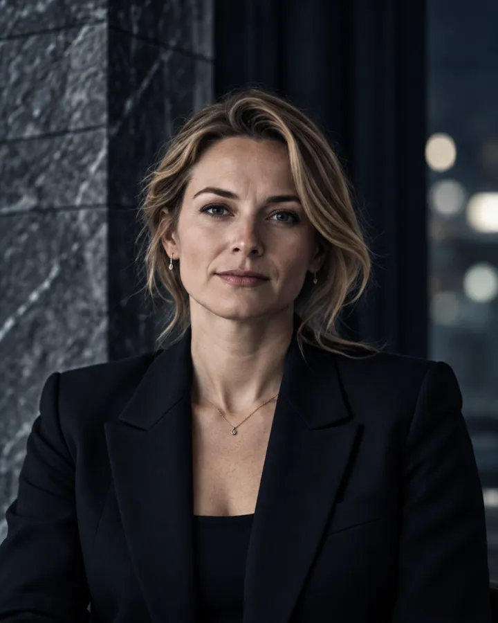 Porträt von Johanna Weidemann mit blondem Haar in dunklem Blazer vor einem dunklen Fenster