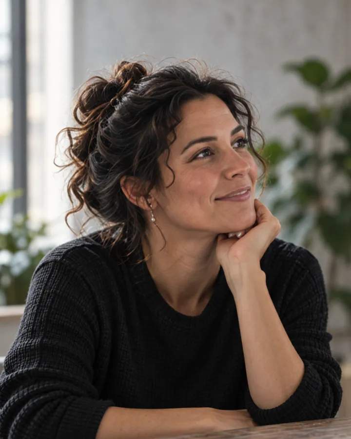 Carmen Ruiz, chin on her hand, smiling as she looks to one side