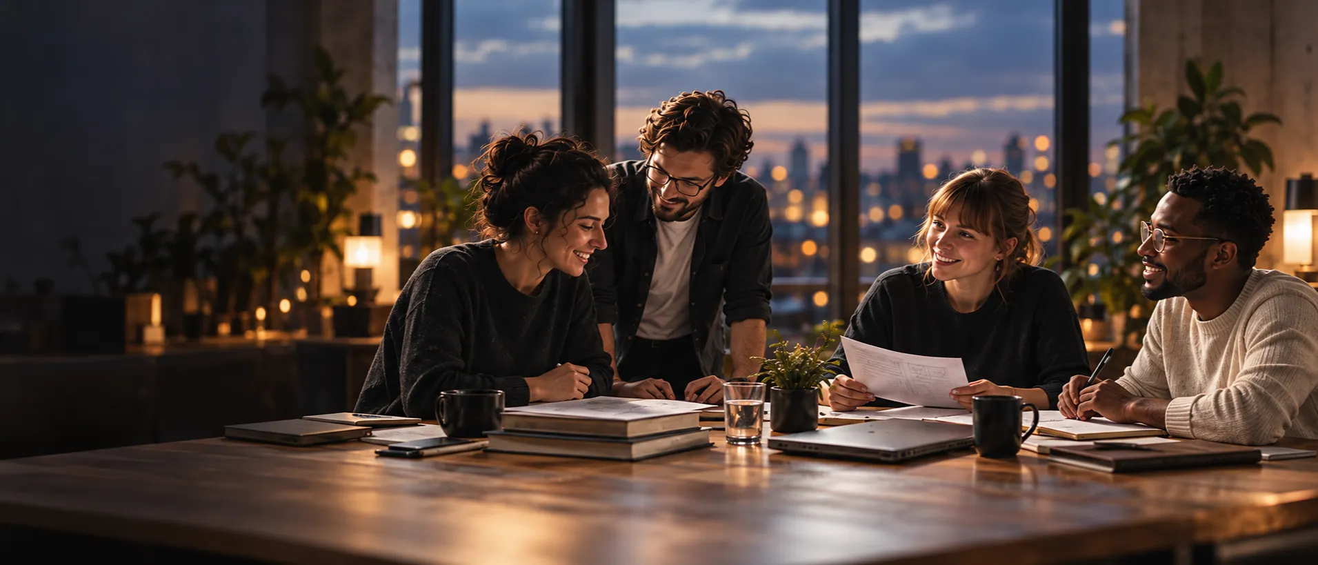 Four learners laughing and working together around a table of books and mugs in a studio at dusk