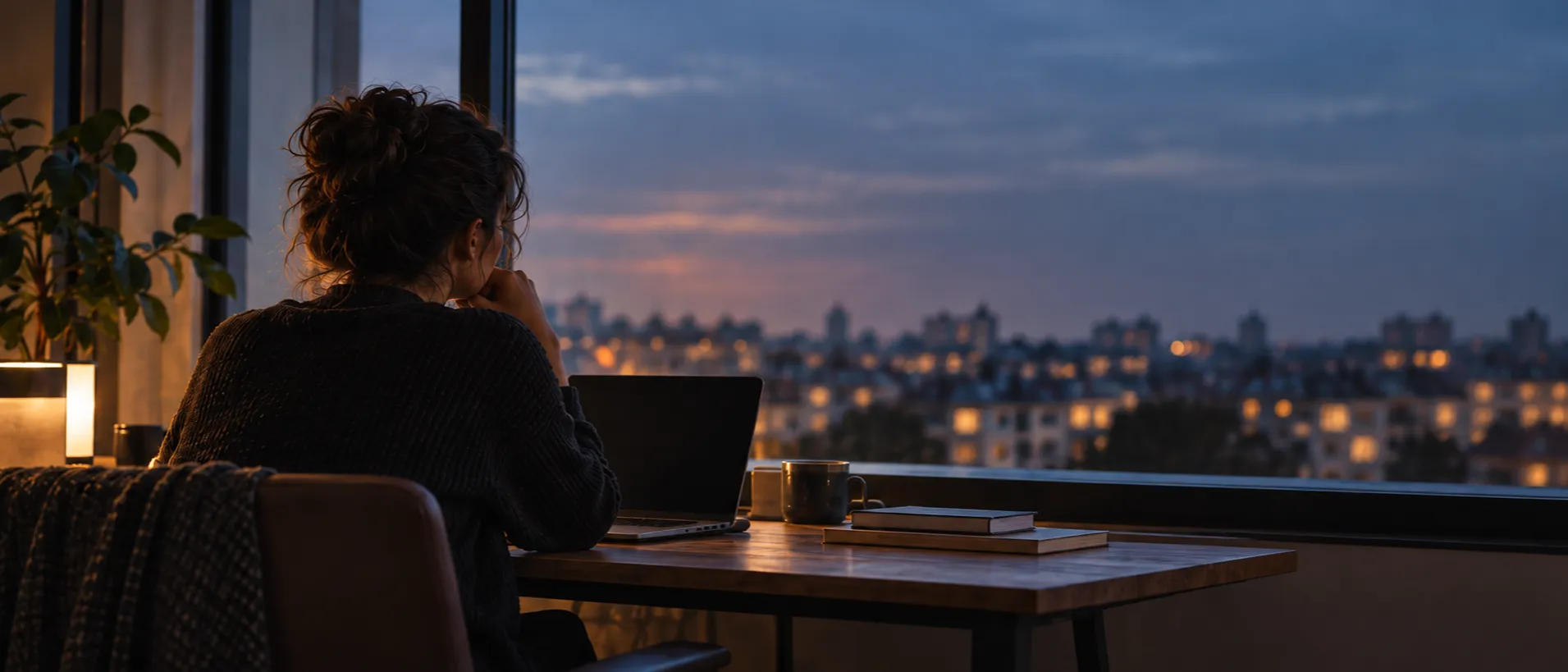 A learner seen from behind at a desk by a tall window at dusk, a lamp beside her and the city lights blurred outside
