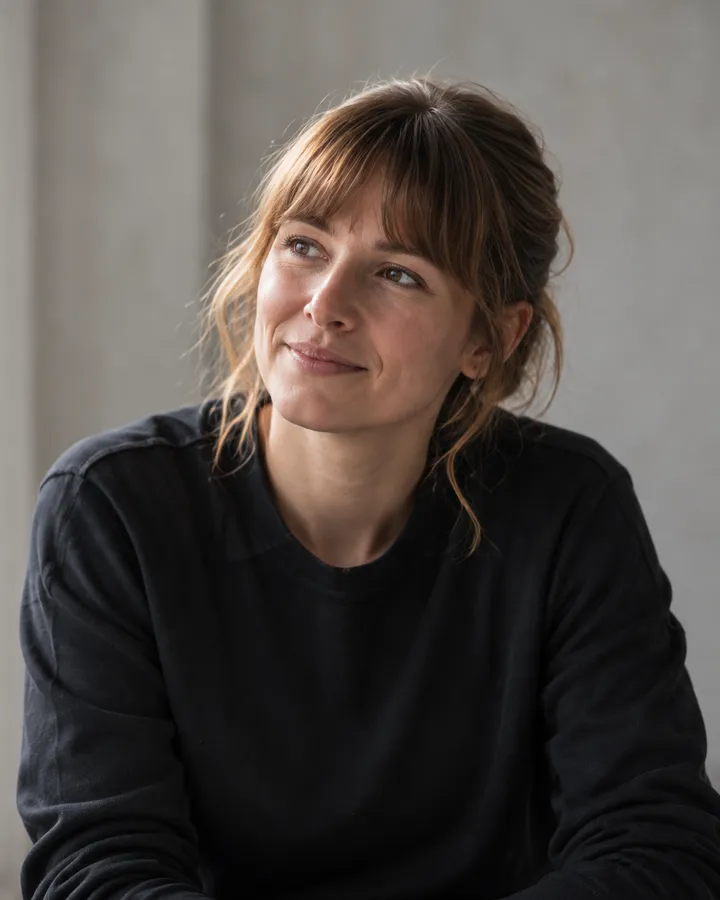 Lena Hoffmann with her hair tied back, smiling calmly in soft window light