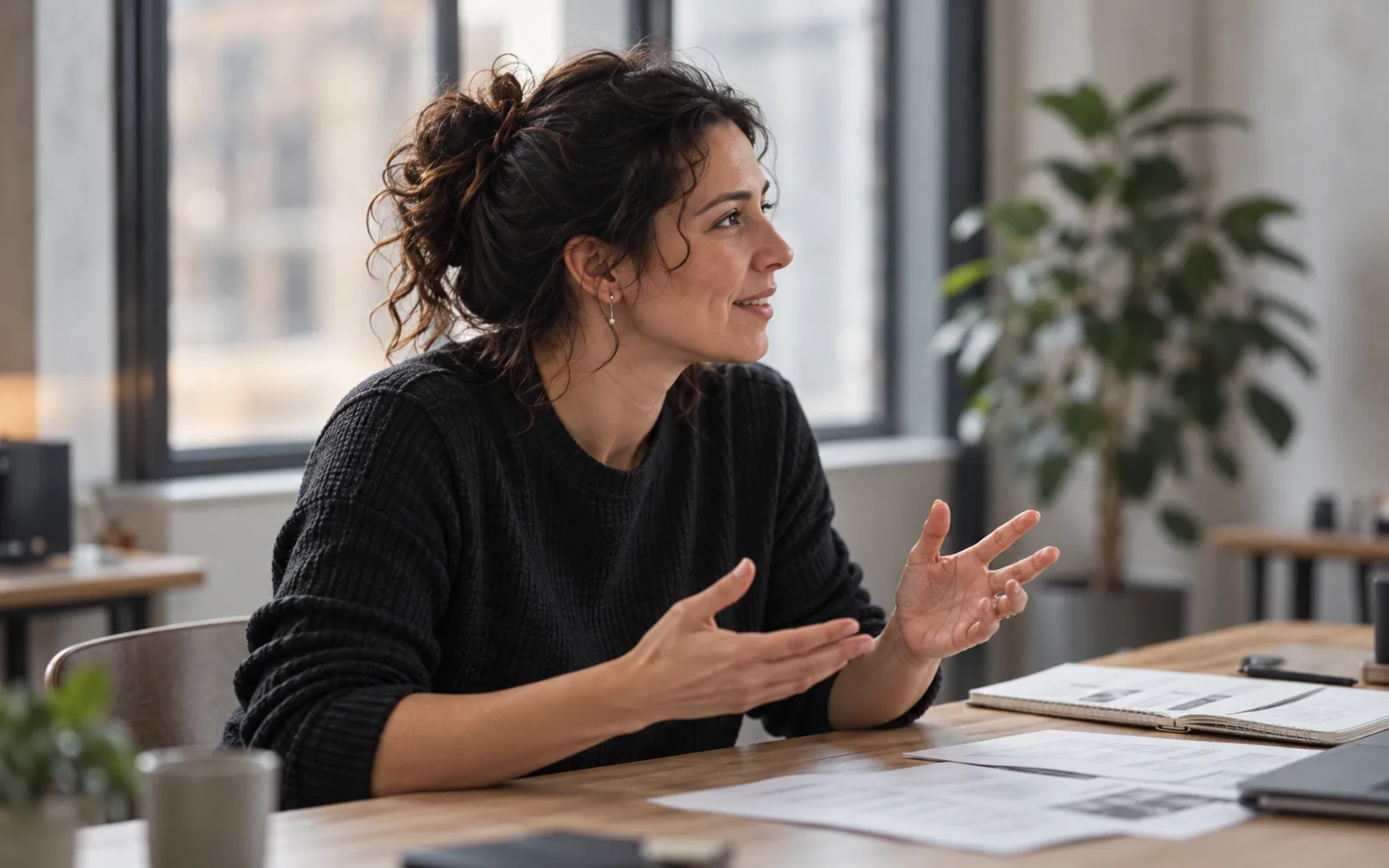 Carmen explains something with both hands at a table by the window