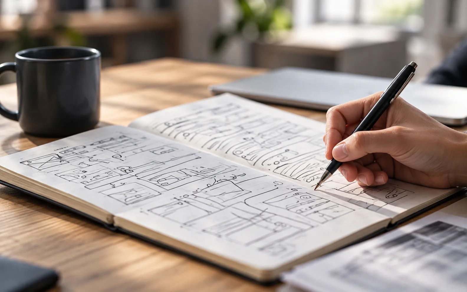 A hand drawing boxes and arrows in an open notebook beside a dark mug