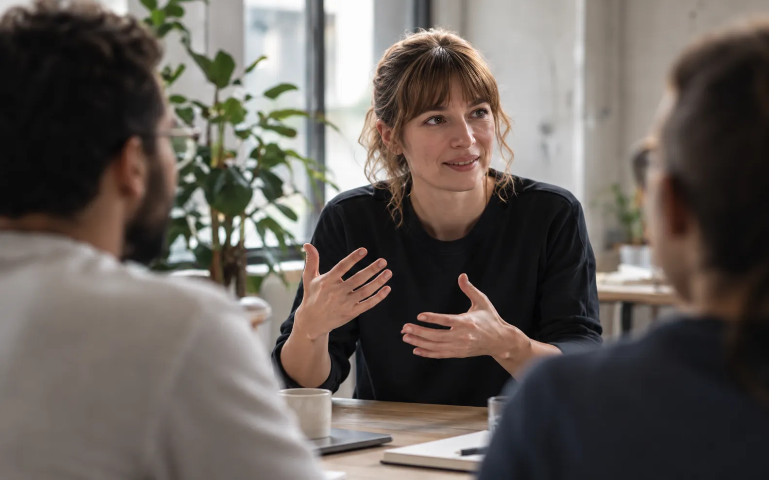 Lena talks with two colleagues across a table in a bright studio