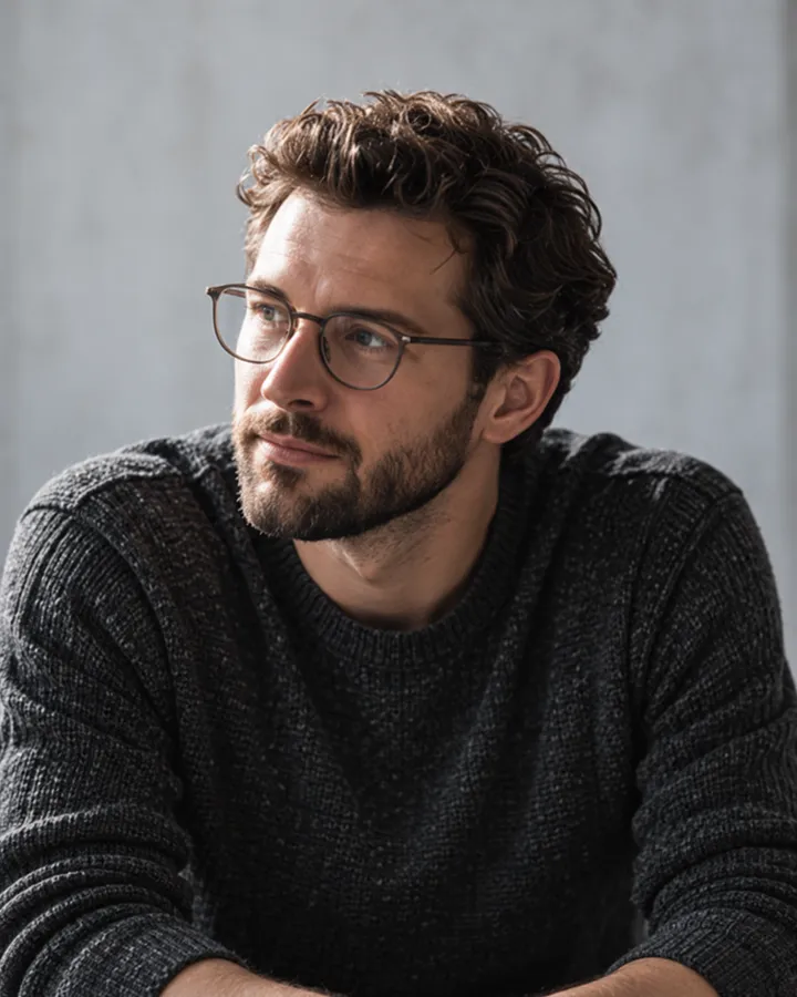 Martin Keller in round glasses and a dark knit sweater, looking thoughtfully to one side