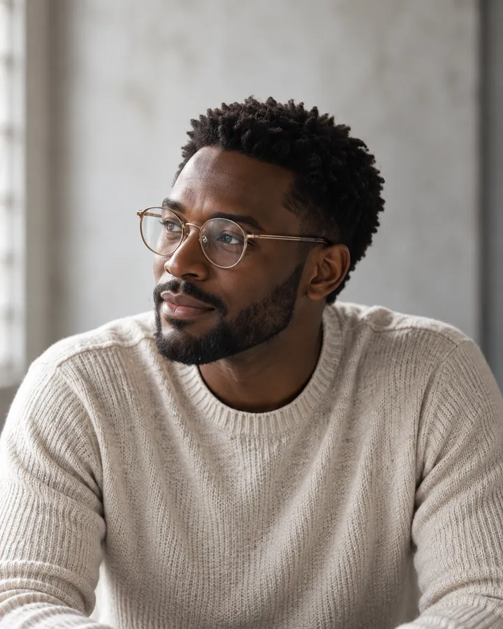 Sam Adeyemi in round glasses and a cream knit sweater, smiling as he looks to one side
