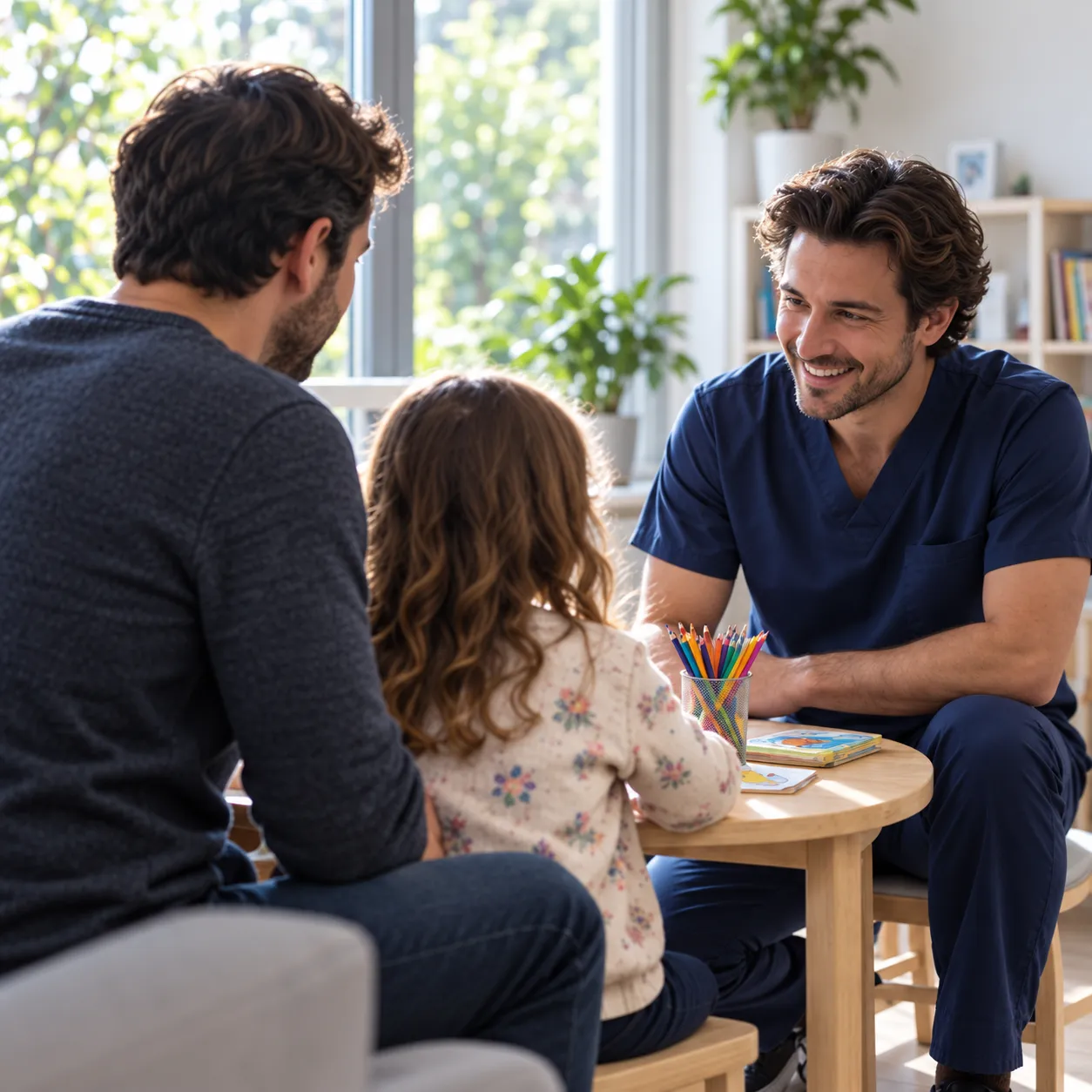 A father and his young daughter at a small drawing table while a smiling dentist in navy scrubs sits beside them