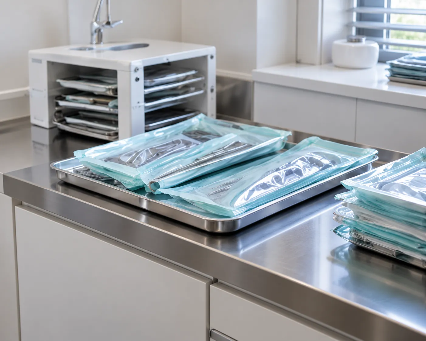 Sealed instrument pouches on a steel counter in the clean decontamination room, cabinets behind