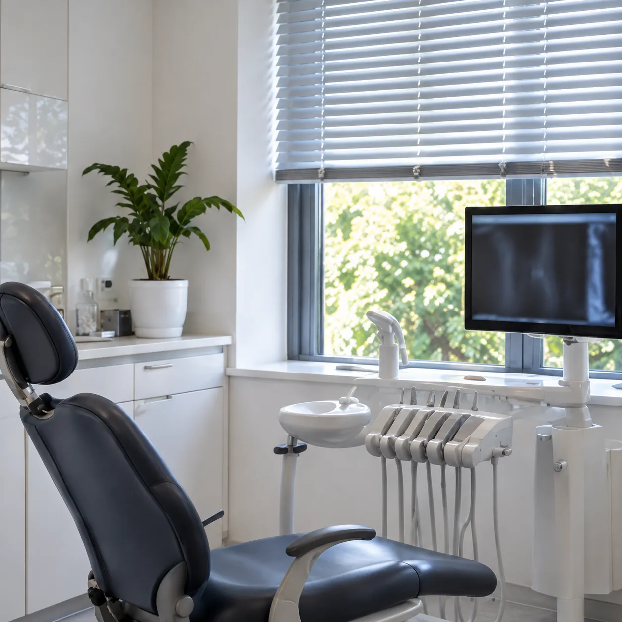 The empty hygiene room: a dark dental chair, white blinds half lowered and a screen on a jointed arm