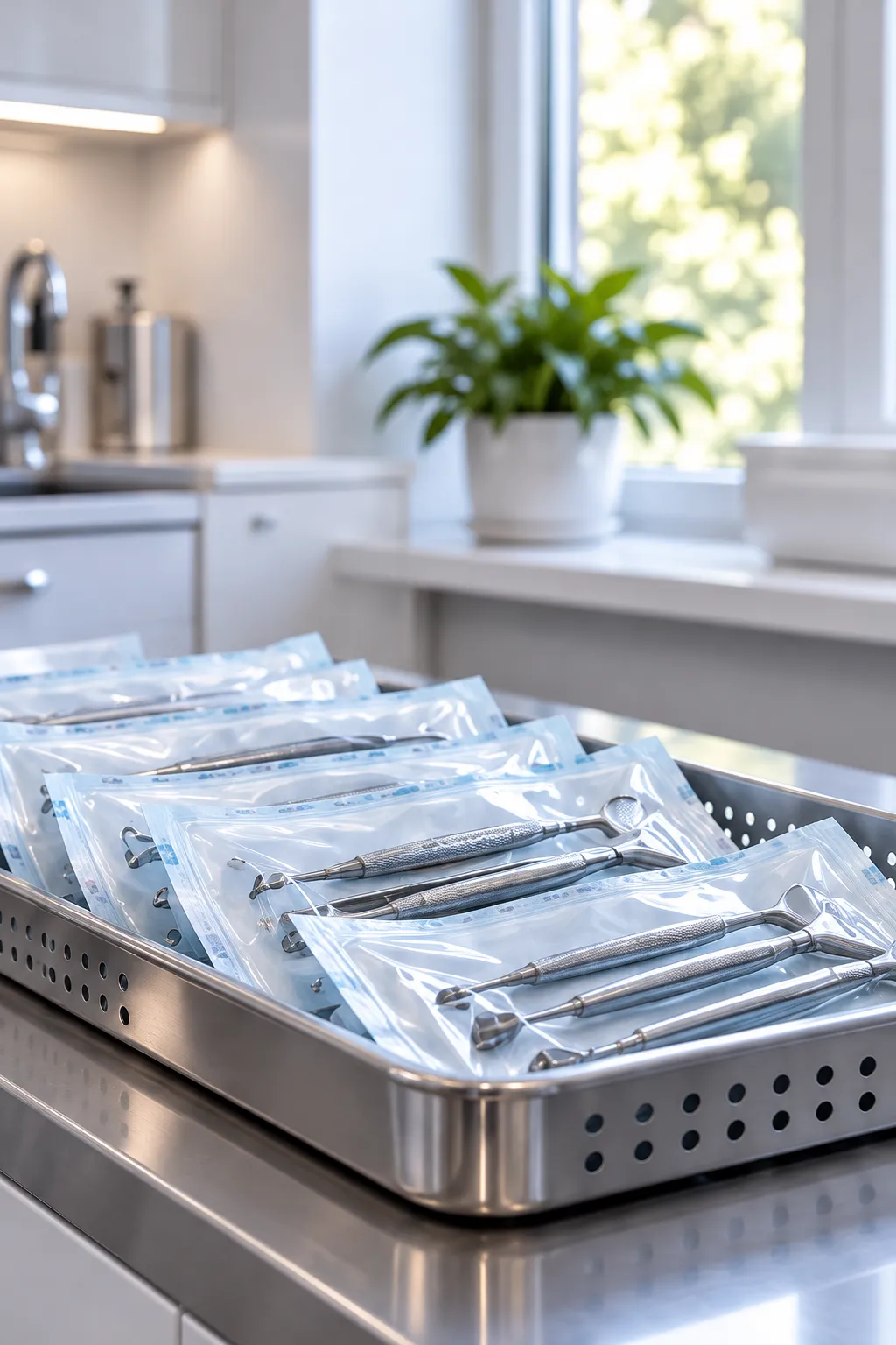 A steel tray of sealed, sterilised instrument pouches resting on a counter by a window, a plant behind