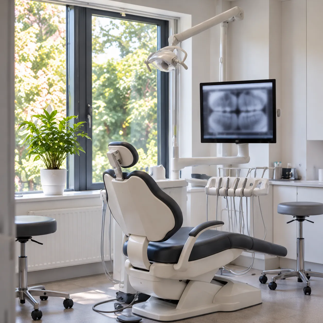 An empty, light surgery with a white dental chair facing a garden window and a screen at eye level