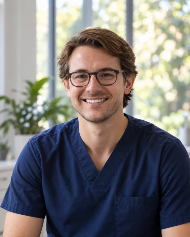 Portrait of Dr Elliot Marsh in glasses and navy scrubs, smiling, in a bright room