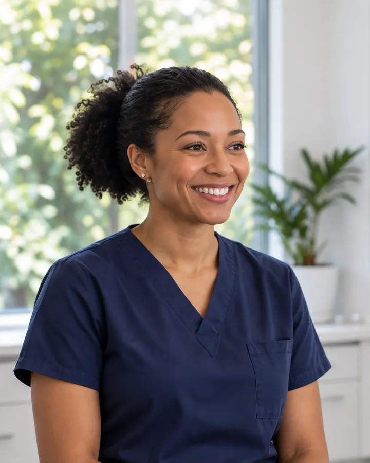 Portrait of Dr Hannah Okafor in navy scrubs, smiling, in a bright room with plants