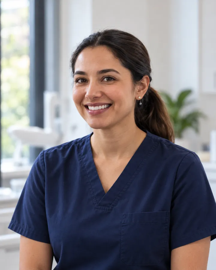 Portrait of Leila Haddad in navy scrubs, her dark hair tied back, in a bright room