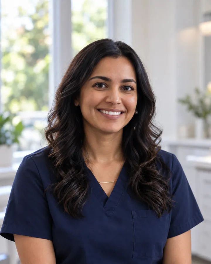 Portrait of Priya Desai with long dark hair in navy scrubs, smiling, in a bright room