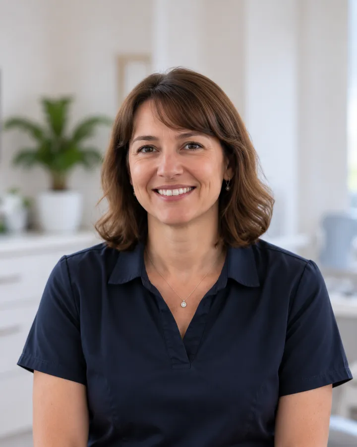 Portrait of Ruth Callander with shoulder-length brown hair in a navy top, in a bright room