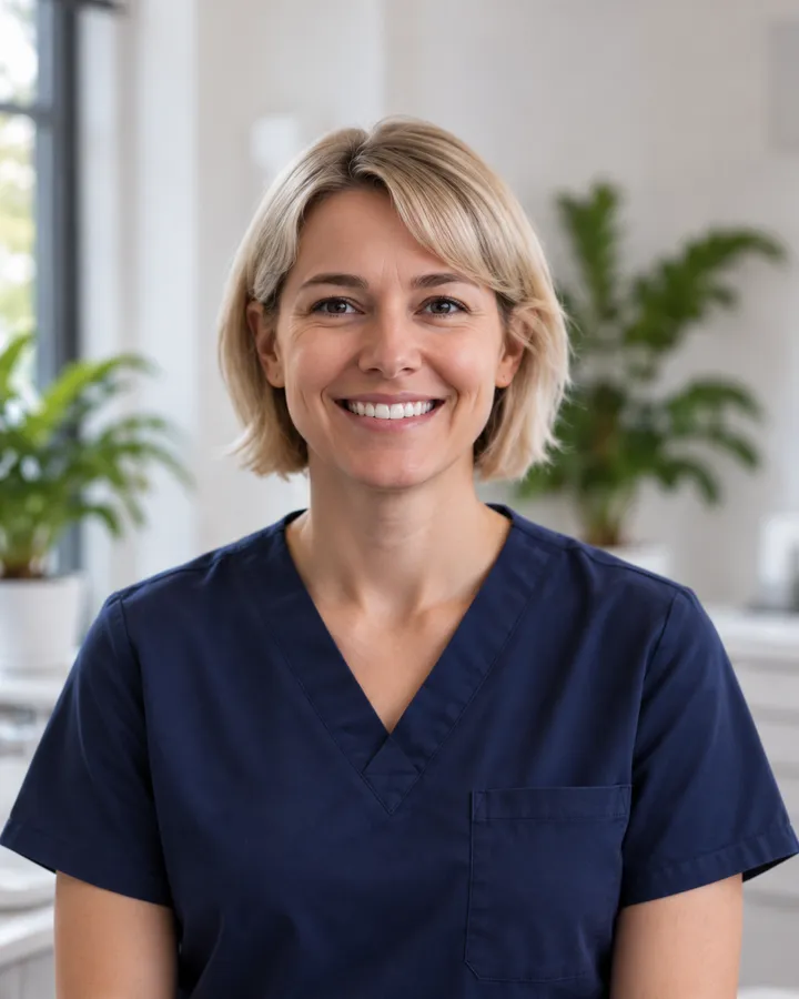 Portrait of Sofia Brennan with short blonde hair in navy scrubs, in a bright room