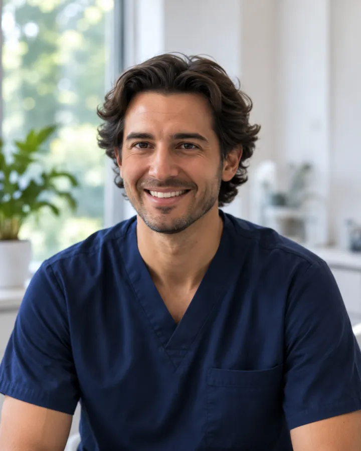Portrait of Dr Tomás Reyes in navy scrubs, smiling, in a bright room with plants