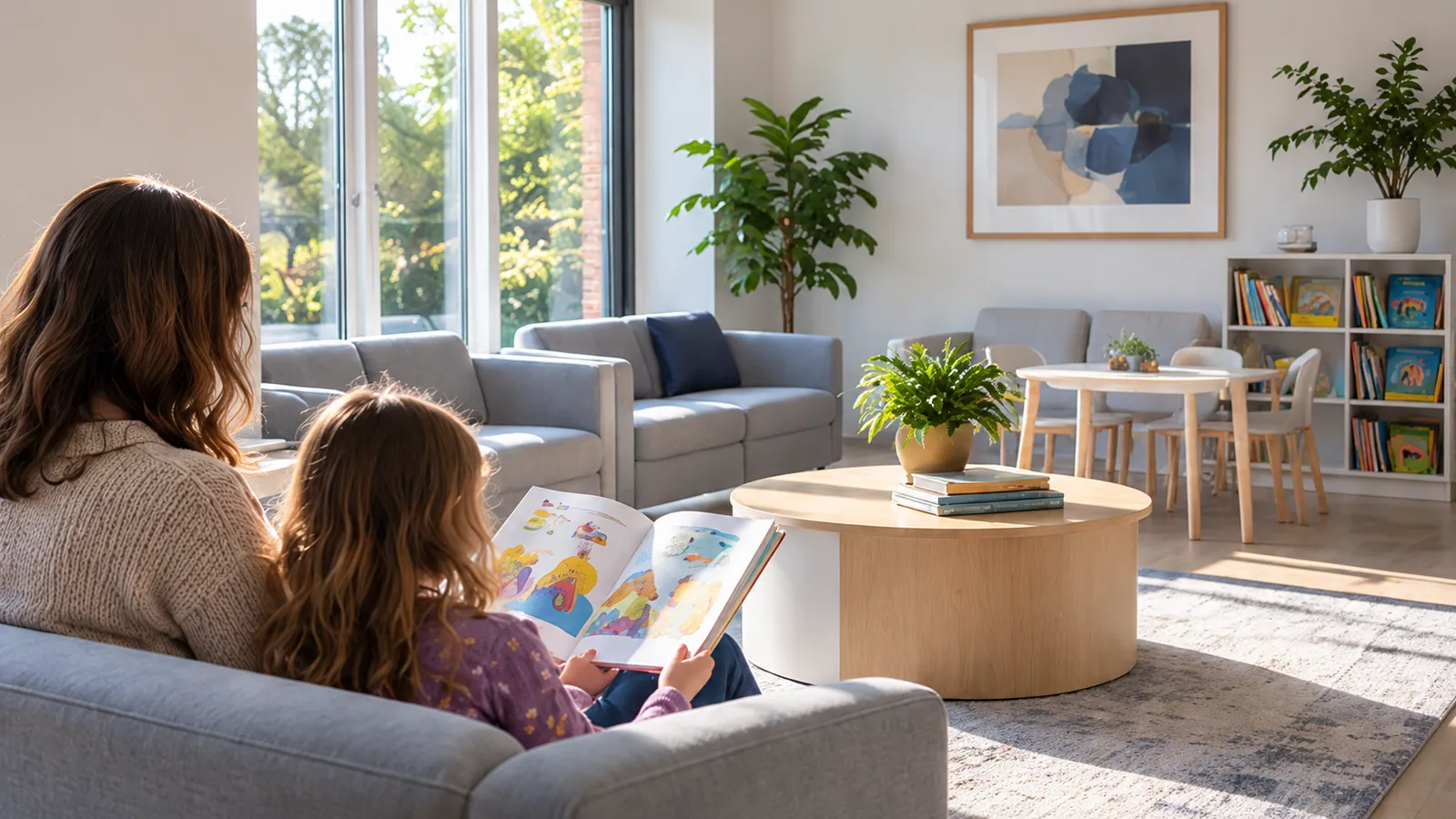 A parent and child seen from behind on a grey sofa, reading a picture book in a bright waiting room with a children's table