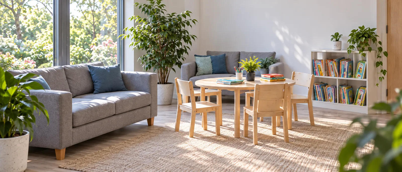 The quiet waiting room: a grey sofa with cushions, a light wooden children's table and low shelves of picture books