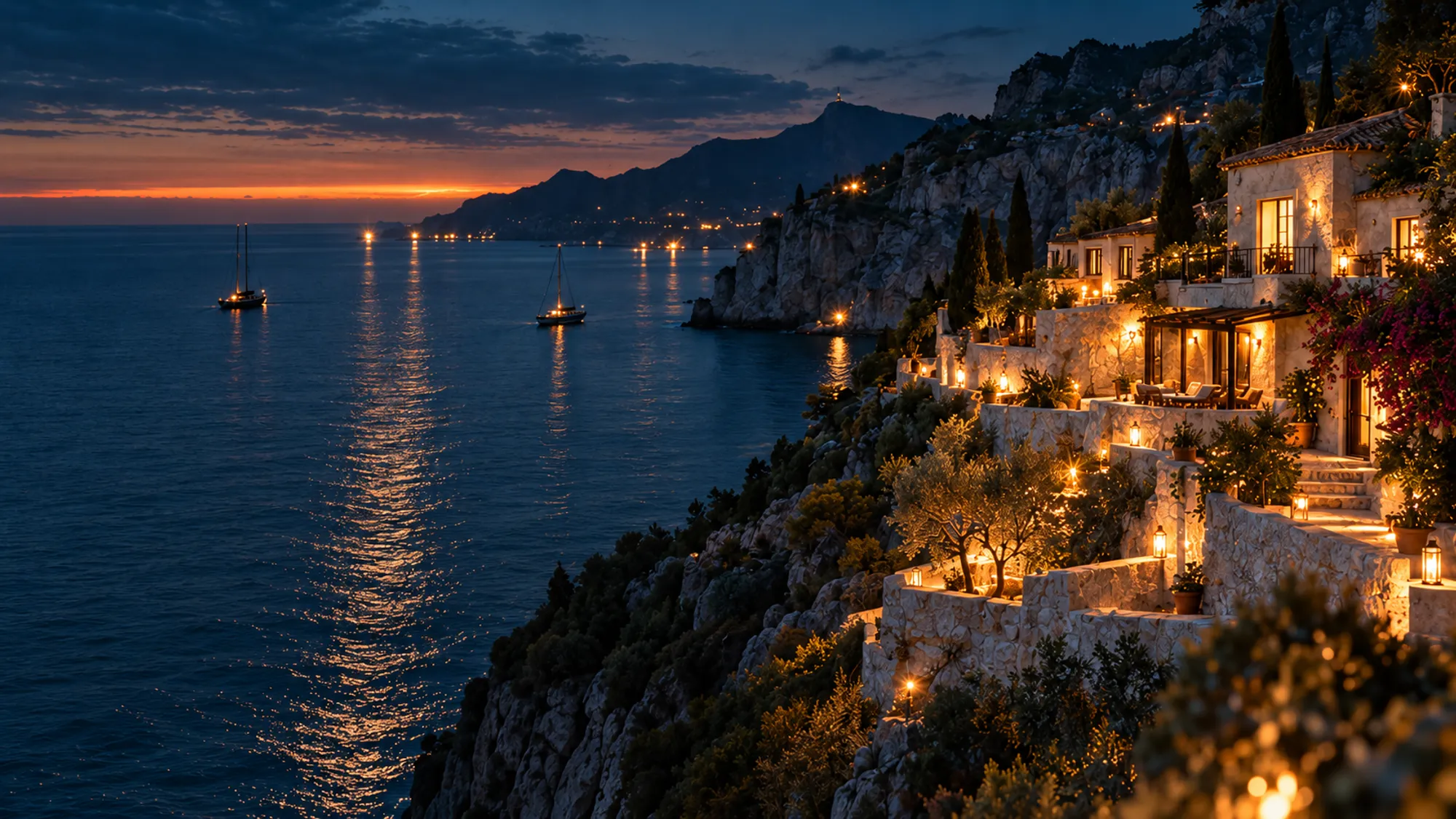 The hotel's terraces lit by lanterns on the cliff at night, boats on the dark sea below