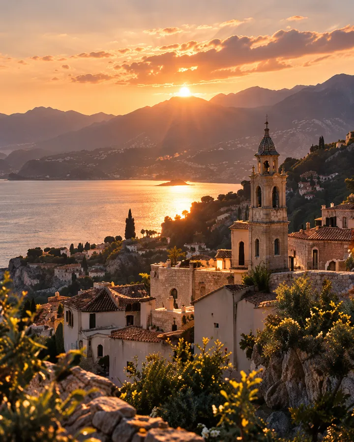 A cliffside village with a bell tower at first light, the sun rising over the bay