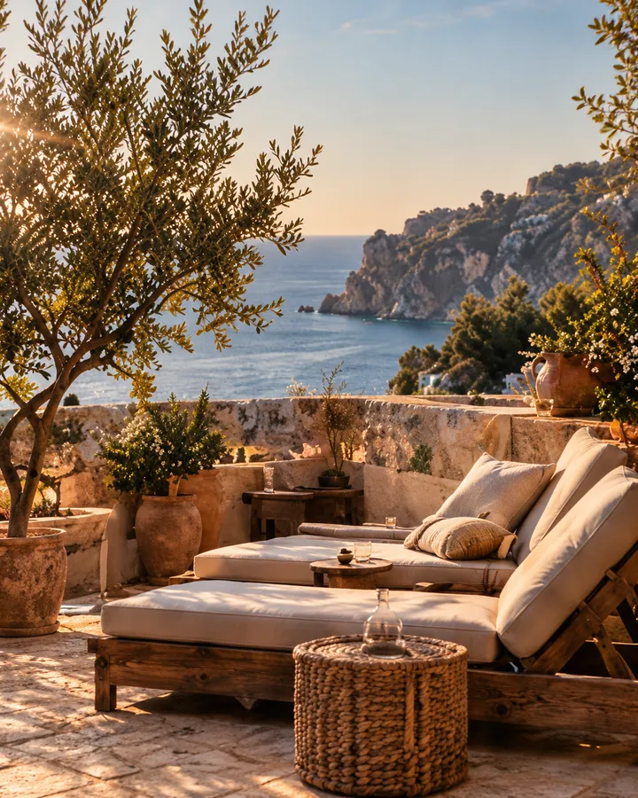 Cushioned loungers and an olive tree on a stone roof terrace above the coast