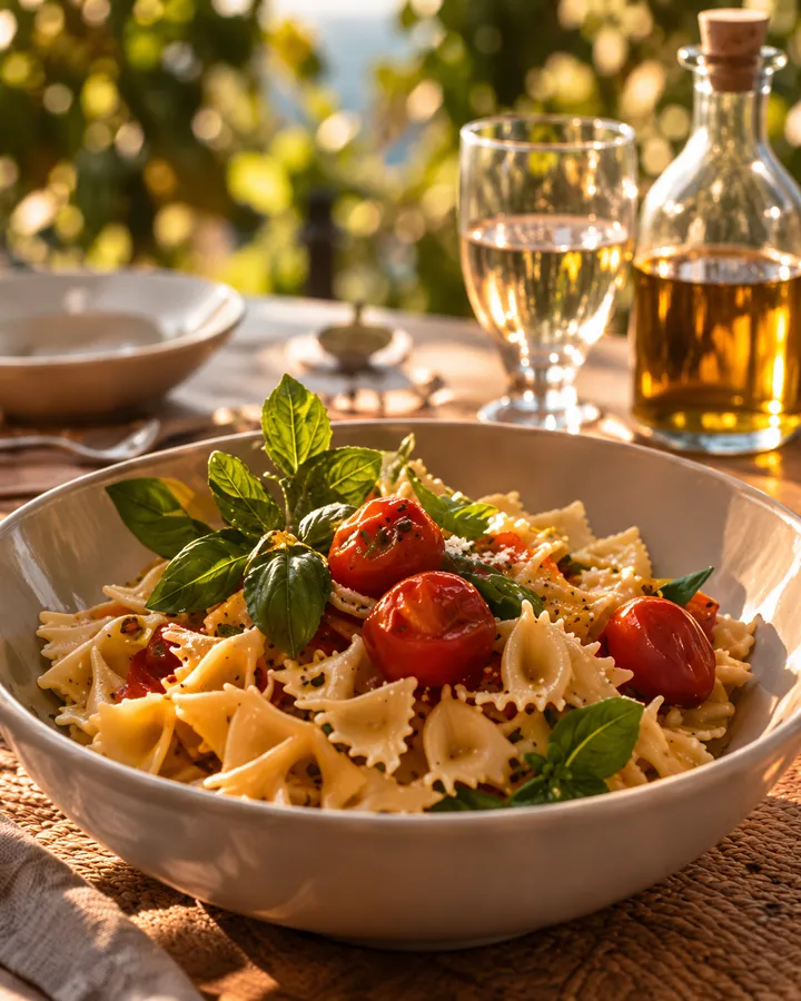 A bowl of farfalle with cherry tomatoes and basil beside white wine and olive oil