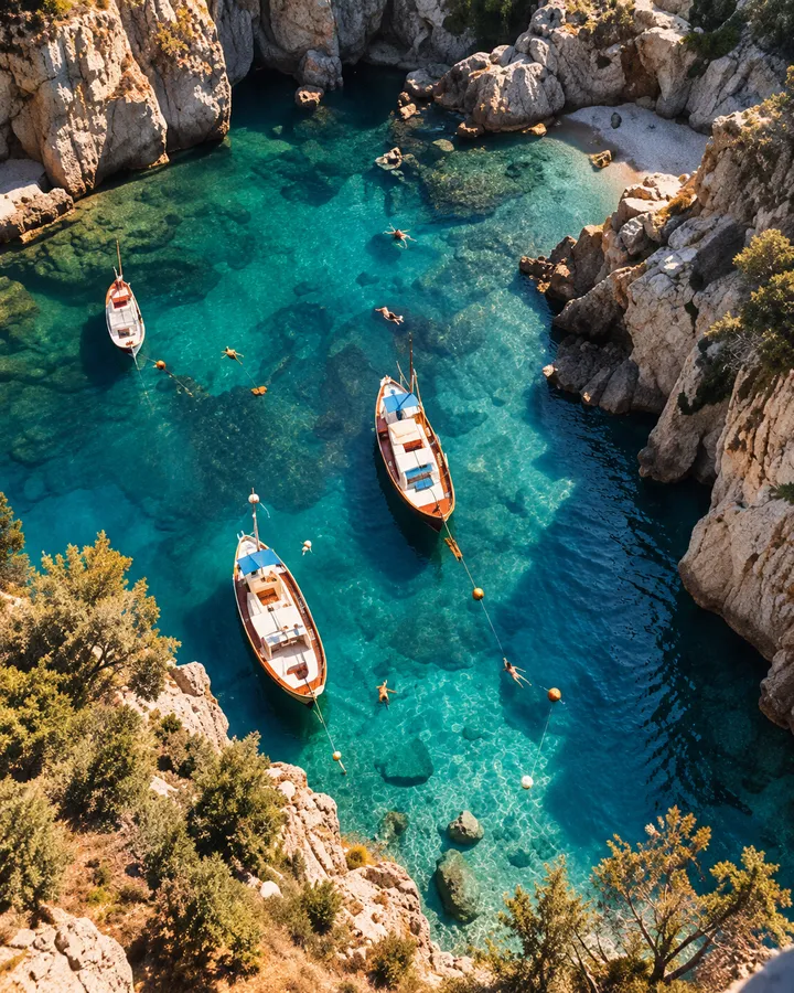 Small boats in a turquoise cove between rocky cliffs, seen from directly above
