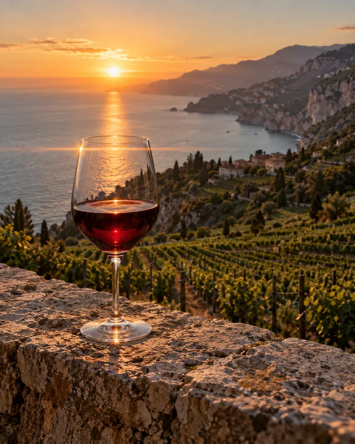 A glass of red wine on a stone ledge above terraced vines, the sun setting over the sea