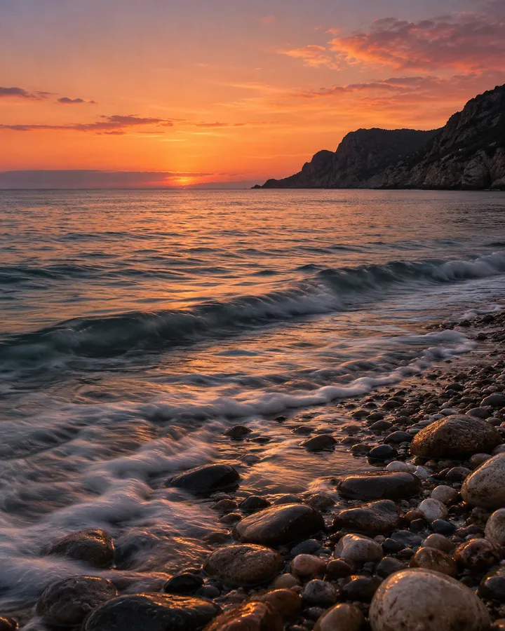 Soft waves running up a pebble shore under a pink and amber evening sky