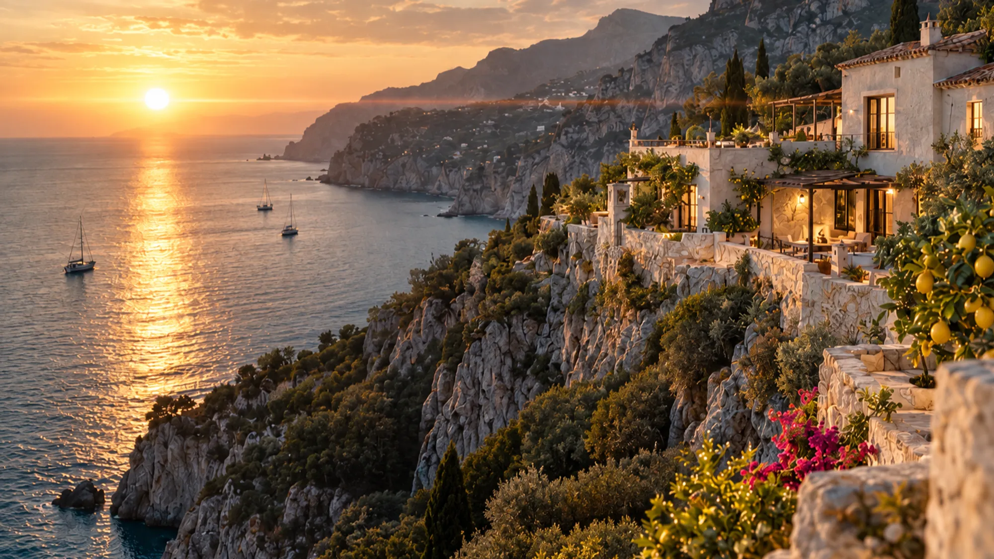A whitewashed cliff house with lemon terraces above a calm bay, the sun setting over the sea