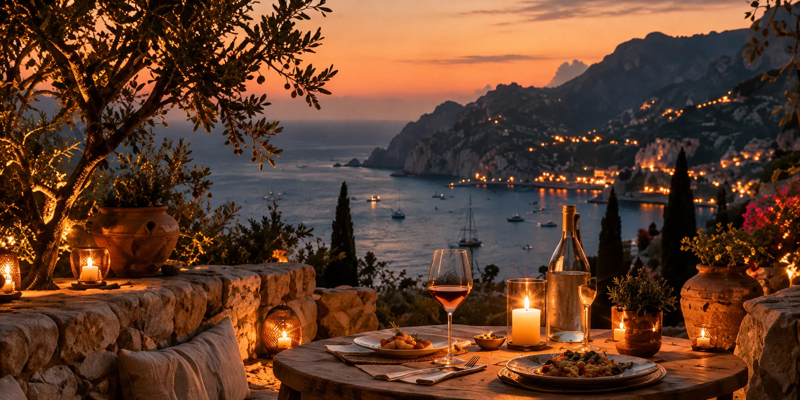 Dinner for two by candlelight on a stone terrace, the bay and a lit village below at dusk