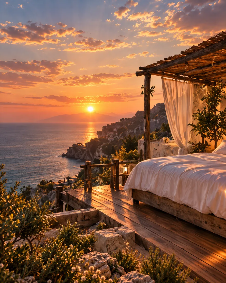 A white bed on an open wooden deck with a pergola and curtains, above the sea at sunset
