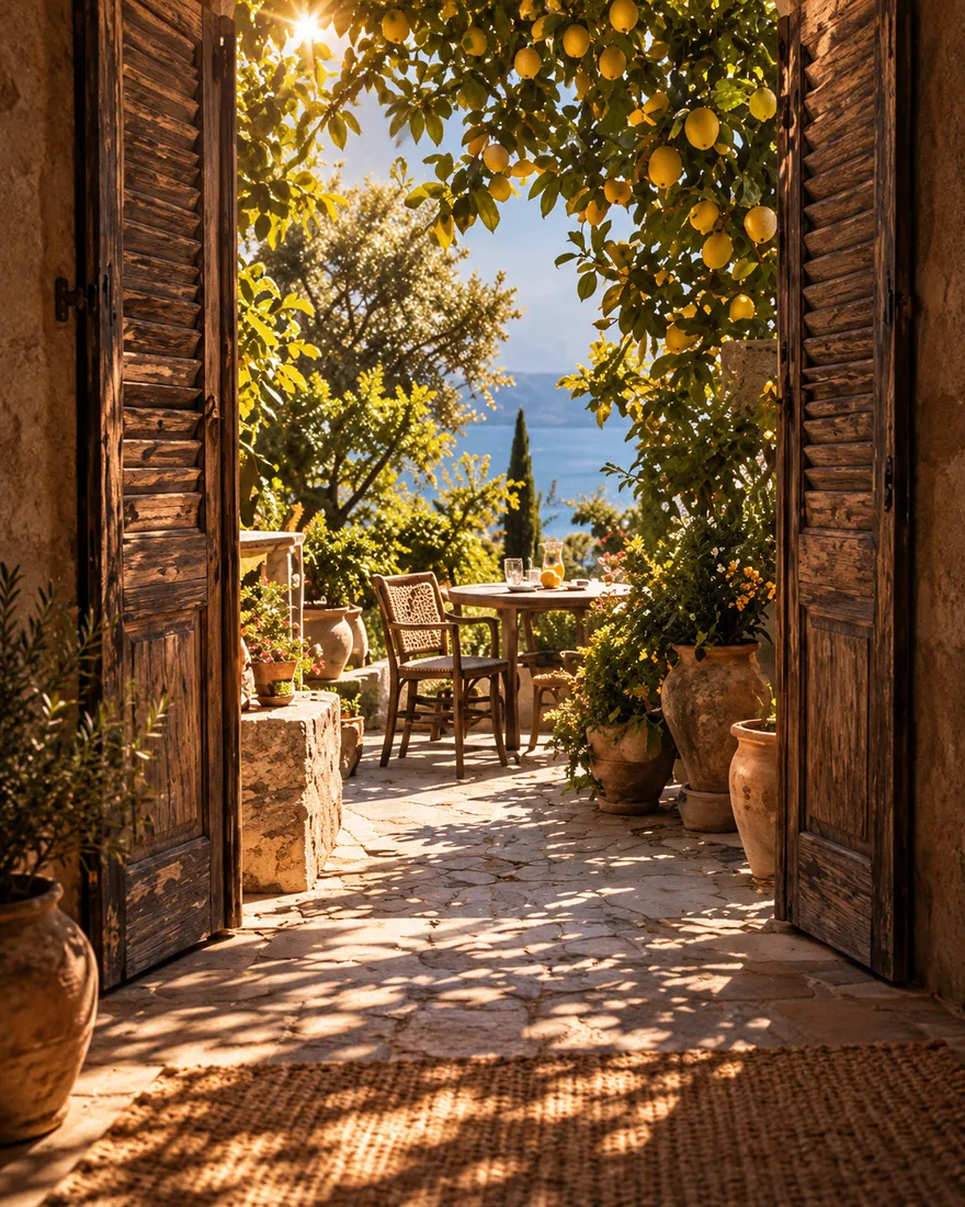 Weathered shutters open onto a lemon-tree patio with a small table and chairs, the sea beyond
