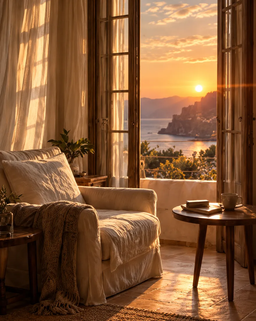 A linen armchair and a side table with a book by tall open windows over the sea at sunset