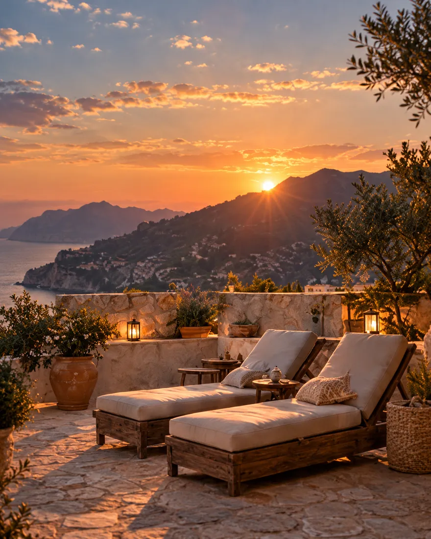 Two cushioned loungers on a stone roof terrace with lanterns, the sun setting over the hills