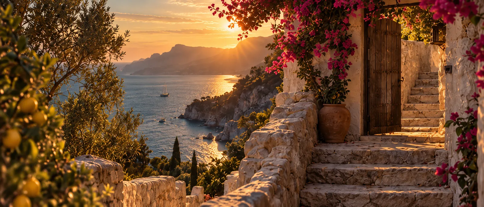Stone steps under pink bougainvillea climb to an old wooden gate above the sea in late sun