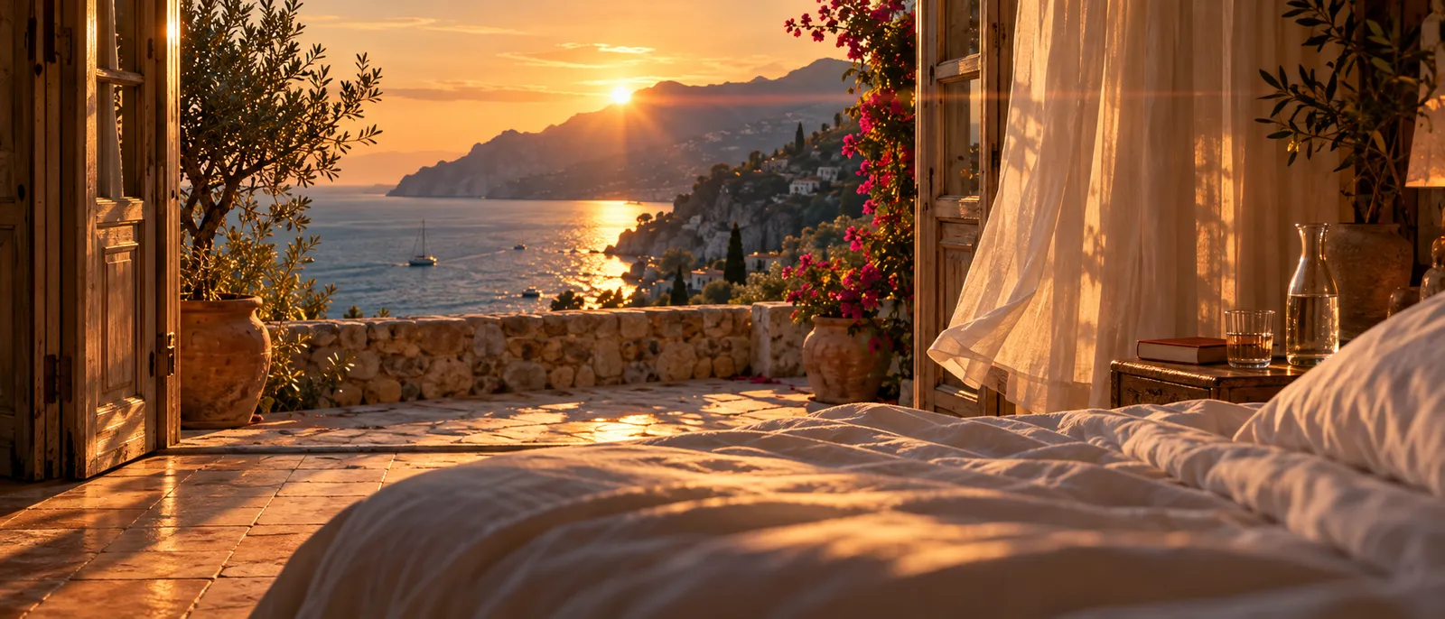 Low sun across white bed linen towards open shutters, a sheer curtain lifting over the bay