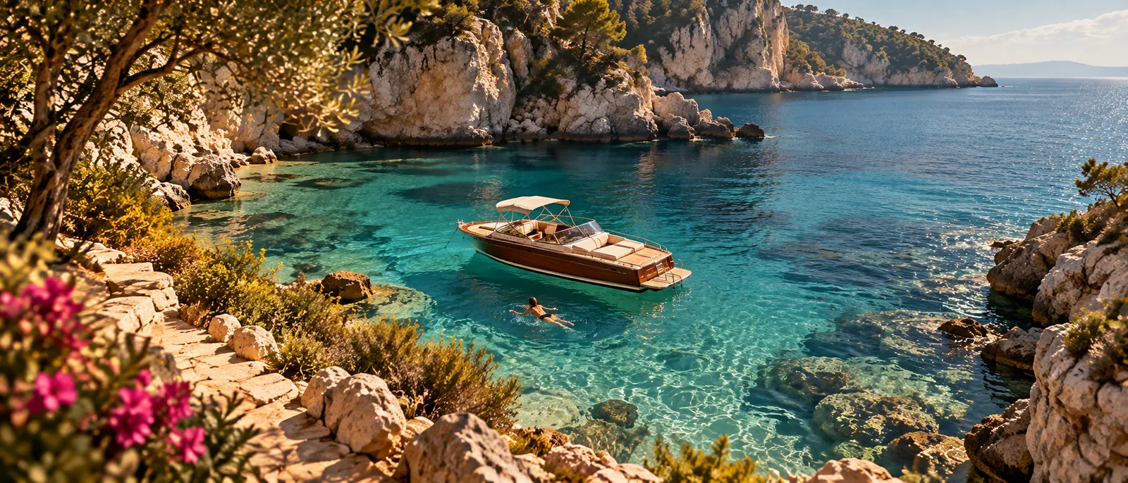 A varnished wooden motorboat at anchor in a turquoise cove under pale cliffs, a swimmer beside it