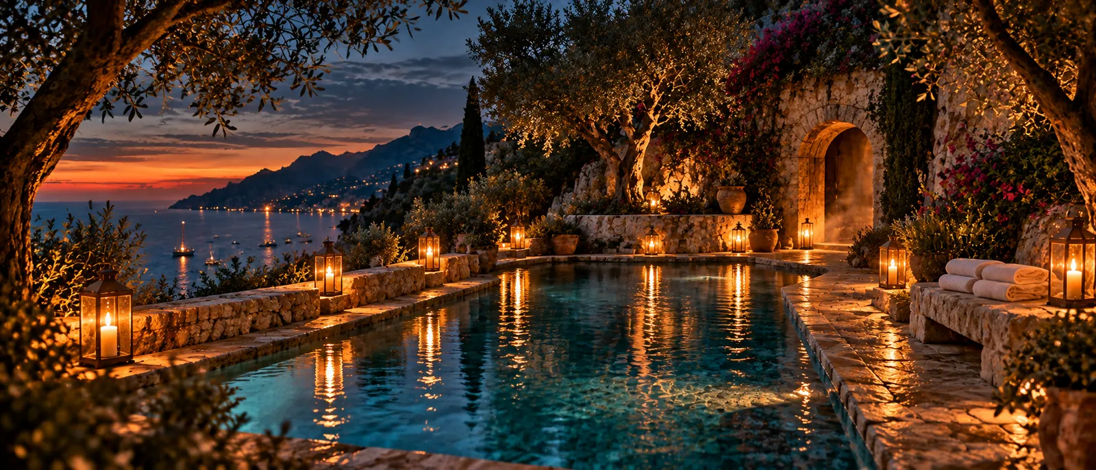 A long stone-edged pool at blue hour, lanterns reflected in the water beside an arched doorway