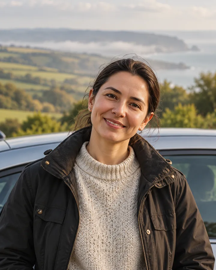 Portrait of Ana Ribeiro, dark hair tied back, in a cream jumper and dark jacket, smiling beside a car above the coast