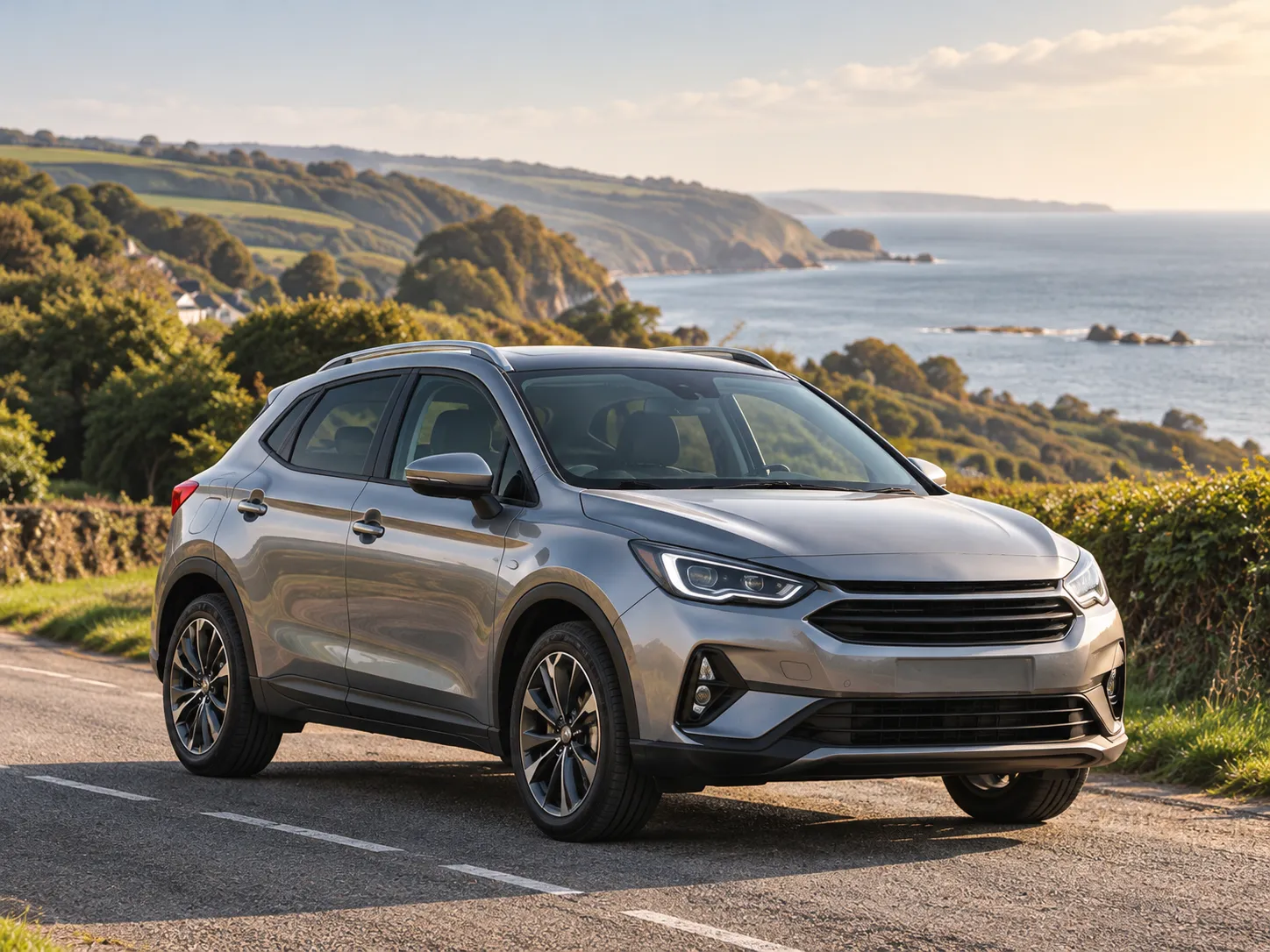 A silver-grey compact crossover with no badges on a coast road, hedges and the sea behind