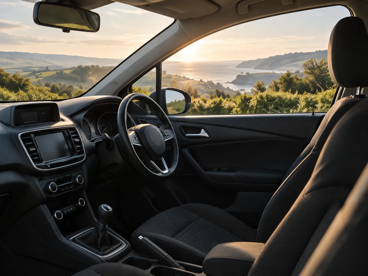 Inside a right-hand-drive car from the passenger side: the wheel, a manual gear lever and the coast through the windscreen