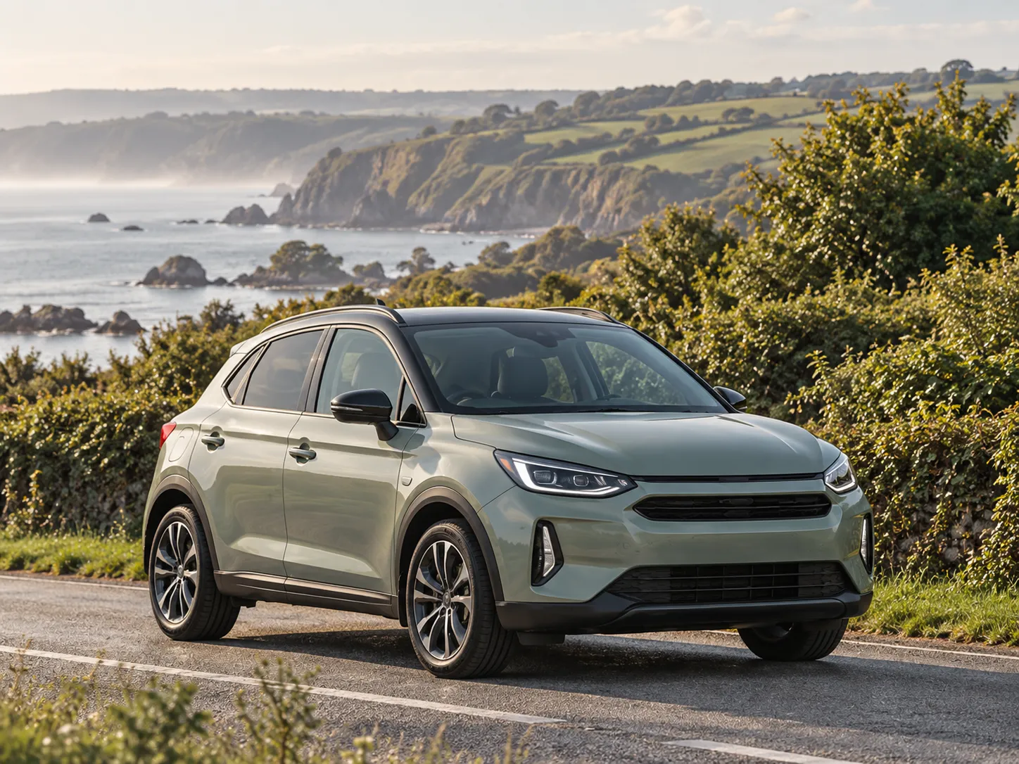 A pale sage-green small electric car with no badges on a coast road above a rocky shore
