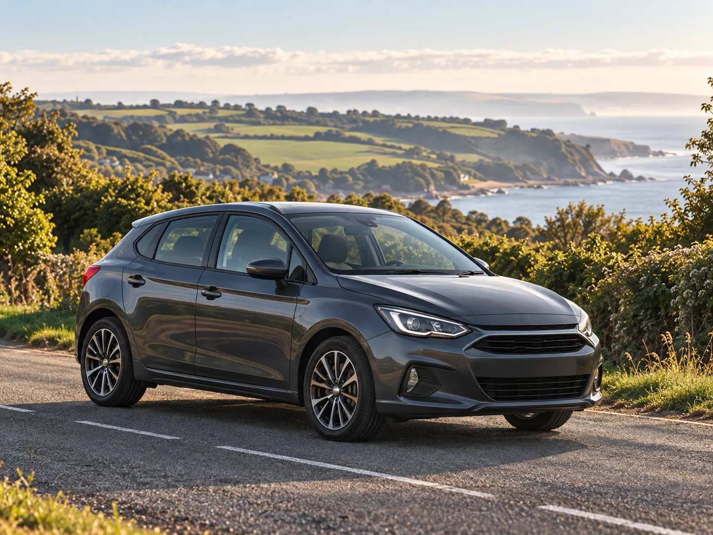 A dark grey five-door hatchback with no badges parked on a coast road above green fields and the sea