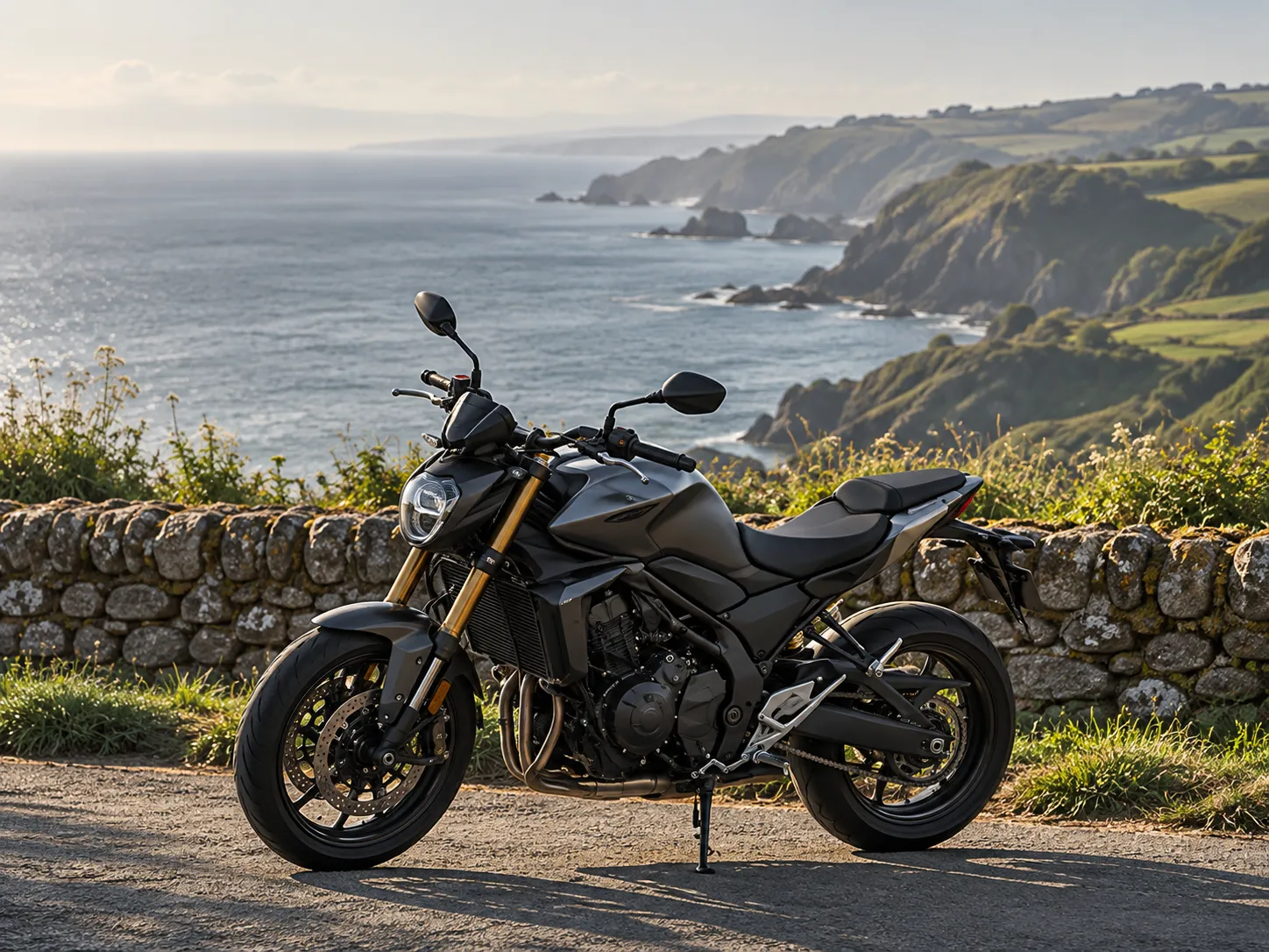A dark motorcycle parked beside a dry-stone wall above the sea and green headlands