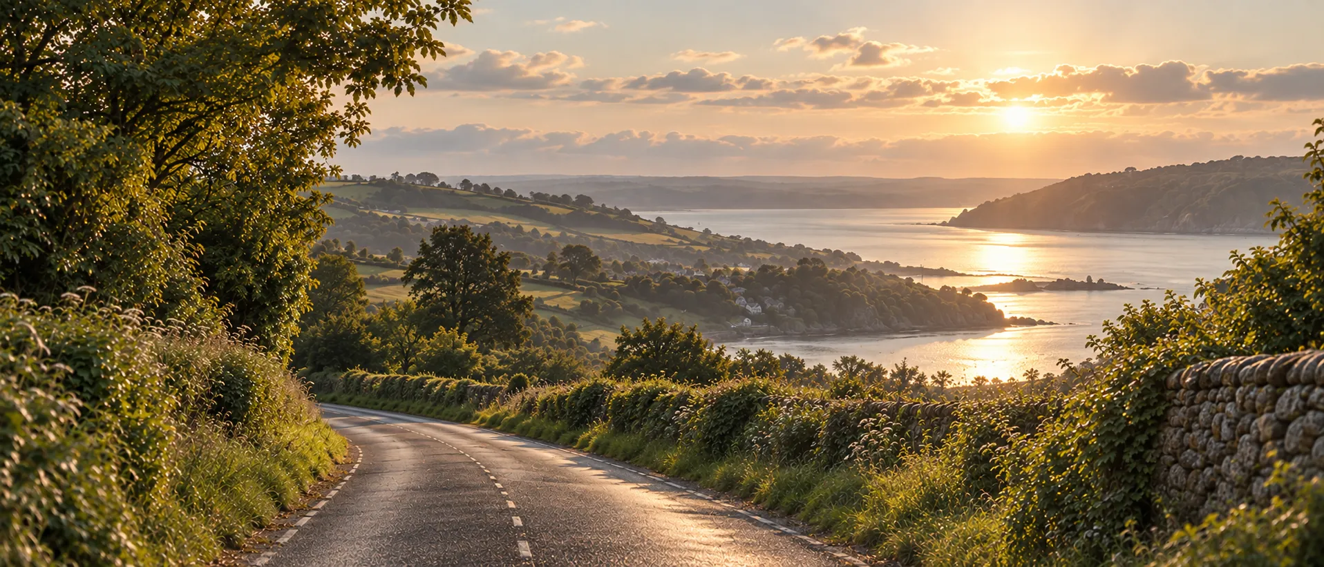 A coast road at golden hour between hedges and a stone wall, the sun low over a bay and a headland